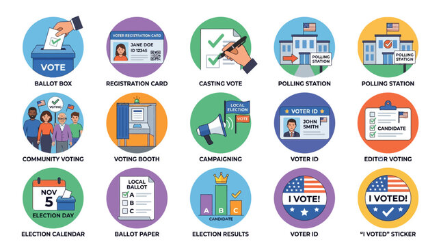 Various voting icons displayed on colorful backgrounds at polling station
