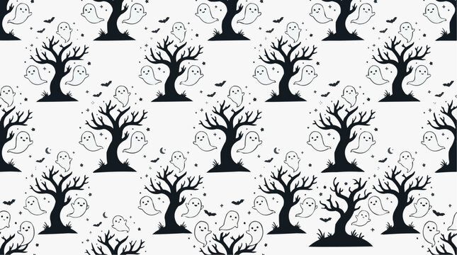 Spooky Halloween Pattern: A whimsical, repeating pattern features silhouetted bare trees adorned with friendly ghosts and scattering bats, evoking a playful Halloween spirit.