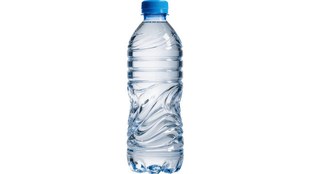 Isolated modern clear plastic bottle of refreshing drinking water with blue cap, pure and healthy.