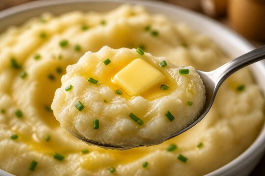 Creamy mashed potatoes with butter and chives. Metal spoon lifts a dollop above a white bowl. Golden butter glistens on top. Fresh green chives add a pop of color