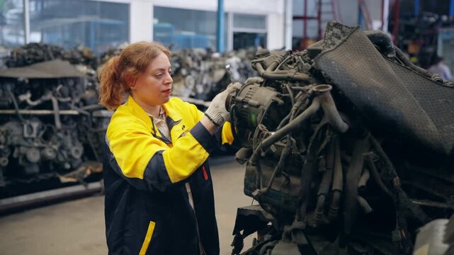 Female auto mechanic repairing vehicle engine with socket wrench in  automotive repair garage. Woman technician performing engine maintenance service at car workshop, automotive industry career