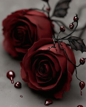 Dark Red Rose with Blood Droplets and Black Thorny Branch &ndash; Gothic Horror Floral Still Life