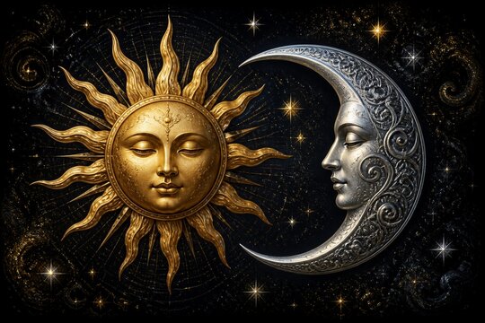 Golden sun and silver moon face each other. Their eyes are closed, serene, and peaceful. Stars sparkle softly in the dark background. Symbolic of balance and harmony between day and night