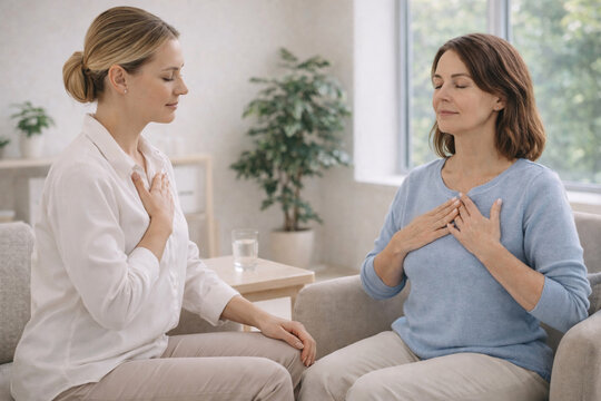Wellness coach guiding breathing exercise with woman in calm therapy room