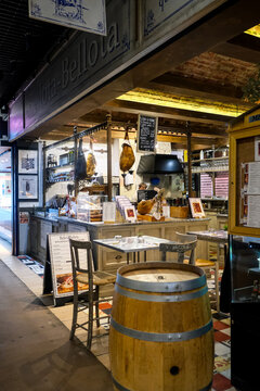 Lyon, France - 10.03.2026. An interior view of the authentic "Bellota-Bellota" tapas bar and delicatessen stall located inside the famous Halles de Lyon Paul Bocuse covered market in Lyon, France. The