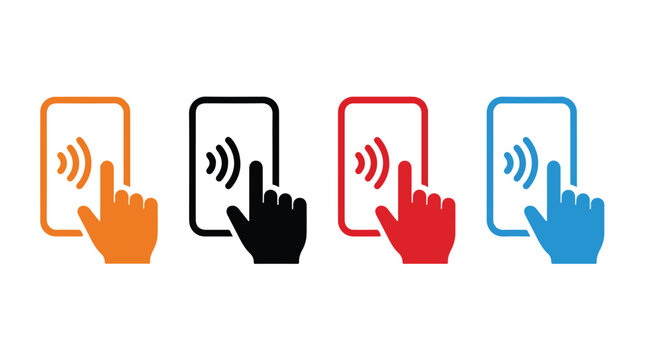 Multiple colorful hands tapping on screens representing contactless payment technology.