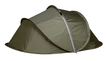 Isolated portable green lightweight outdoor camping tent for a single person adventure © Oisin