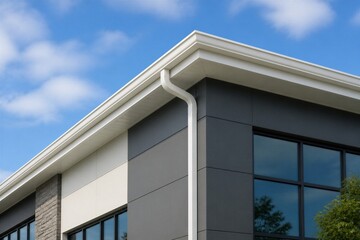 Fototapeta premium White gutters run neatly along a modern building's edge. Grey panels contrast with clean white trim beneath a blue sky. Clouds drift softly behind the structure's sharp lines