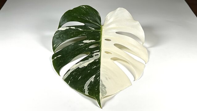 Monstera Deliciosa Albo Variegata Leaf on White Background