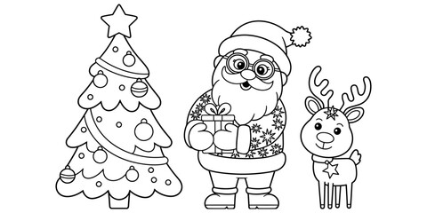 Cute santa claus with a christmas tree and a reindeer holding a gift for a fun kids coloring page activity sheet Vector, illustration © Normal Line Drawing
