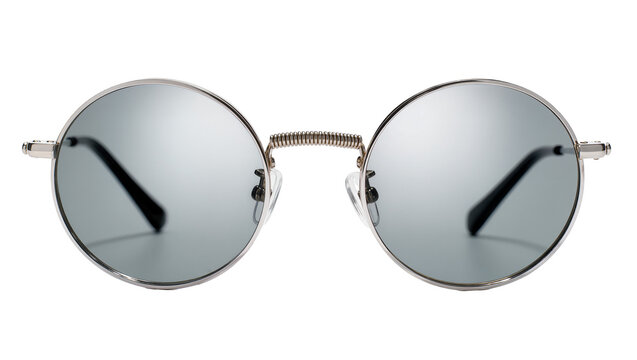 Isolated round sunglasses with silver metallic frame and light green reflective lenses