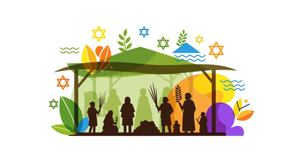 Naklejka premium Illustration of a Jewish Sukkot festival celebration inside a traditional Sukkah booth.