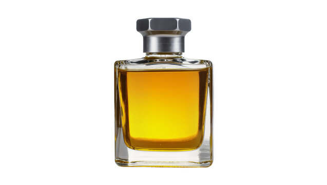 Isolated elegant glass perfume bottle with amber liquid and metallic cap for beauty products