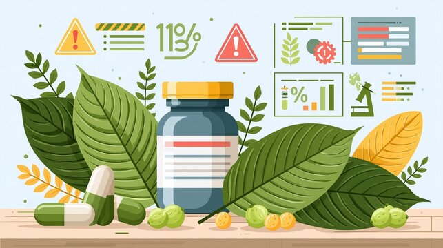A conceptual image featuring capsules and kratom leaves on a table, with caution signs and statistics on addiction displayed in the background, emphasizing drug awareness.