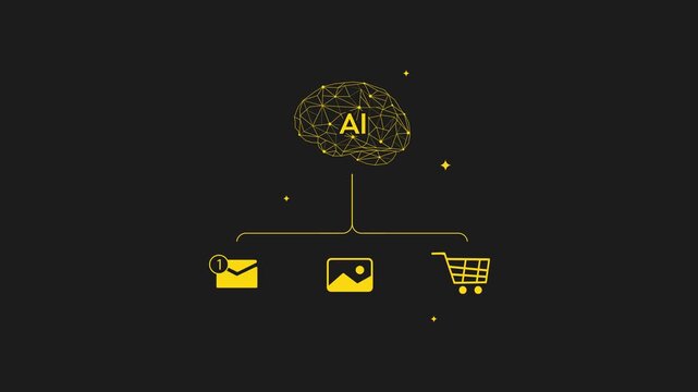 AI technology illustration featuring brain, email and shopping shapes linked by digital network on black background 4k animation, ai management