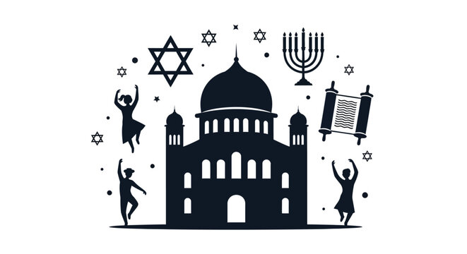 Jewish Synagogue Silhouette with Traditional Symbols and People Dancing.