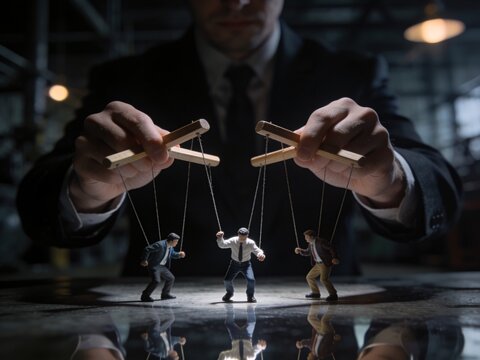 Businessman manipulating people like puppets, symbolizing control and influence.
