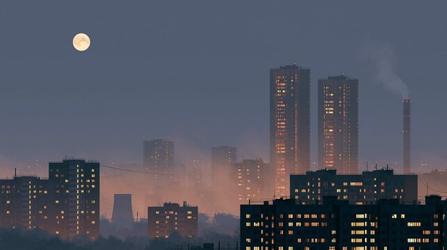 Nighttime skyline with heat waves rising above apartment buildings and a faint moon in a hazy sky, restless mood, dusky lighting, wide composition.