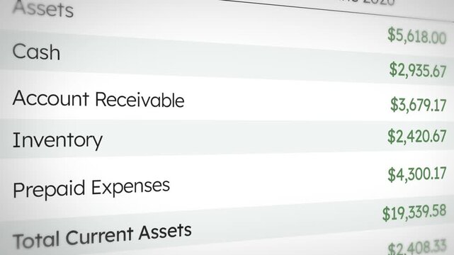 Balance sheet concept design scrolling with details of assets, cash and inventory, 4k close up footage. Business, finance, report, closing