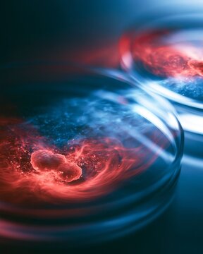 Two clusters of bacteria release contrasting chemical halos inside a petri dish on a lab bench, dramatic red and blue lighting, close macro composition, intense scientific mood.