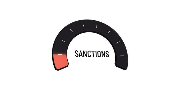 Sanctions level gauge rising rapidly to maximum red zone triggering economic crisis and trade embargo, then dropping down fast to low normal level, financial pressure relief. Copy space