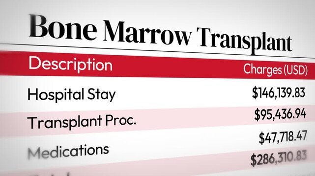 Bone marrow transplant cost analysis including hospital stay, procedure medications, and total charges 4k footage, business, treatment cost, medical billing