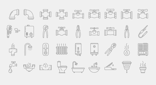 Plumbing and sanitary system line icons set on gray background