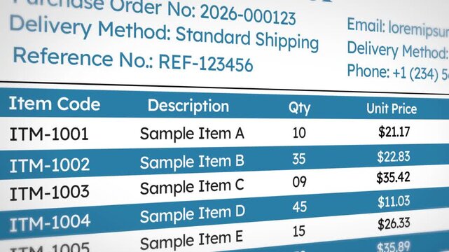 Purchase order slip scrolling on the screen close up 4k animation, business concept with item details and sample text