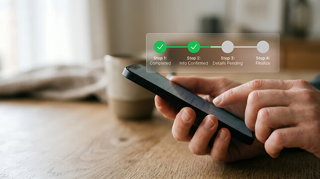 Hands holding smartphone and completing online identity verification and license registration process