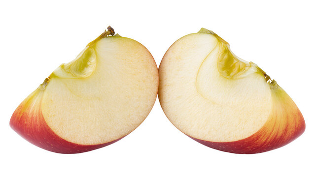 Isolated two ripe red apple wedges showcasing fresh fruit texture and vibrant colors