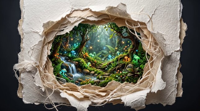 torn paper, ripped paper, fantasy forest, enchanted, miniature world, mushrooms, waterfall, moss, magical, nature, background, realistic, paper texture, copy space, abstract, premium, creative, photor