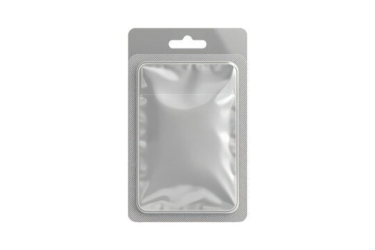 Clear plastic blister pack packaging mockup with flexible foil pouch, hanging display item for software, electronics, or small products