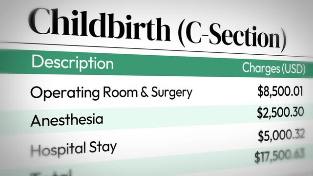 Cost analysis of c-section childbirth expenses including operating room, anesthesia, and hospital stay 4k animation