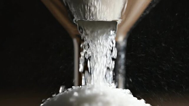 Macro shot of white granulated sugar crystals continuously pouring down into an hourglass glass neck against a black background.
