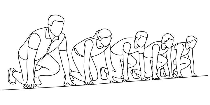 Group of runners in starting position ready for a race on the track line in a simple black and white line art style Vector, illustration