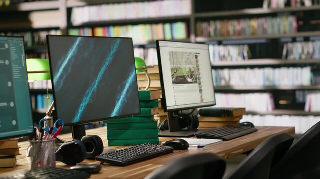 Business conference screen with abstract blue digital background and chatbot on desktop monitors at library study table, for education technology.