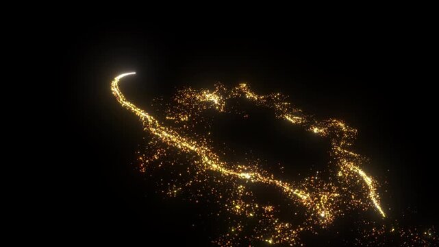 4K Flight of gold bokeh particles. Light magic sparkling glitter golden. On black background. sparkles crossing particles dust gold shining. Christmas, event, year new, anniversary, birthday, Diwali