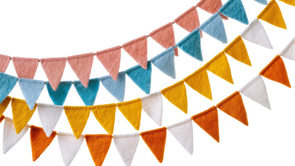 Fototapeta premium Isolated vibrant fabric bunting garland with multiple rows of colorful triangular party flags.