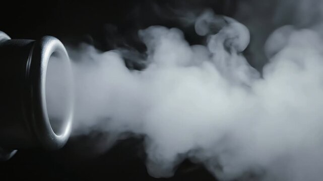 A continuous stream of dense white vapor pushes out from a dark metallic pipe or engine nozzle into open space.
