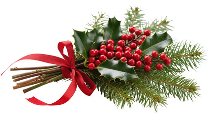 Isolated festive Christmas arrangement with vibrant red holly berries and green fir branches © Andrei