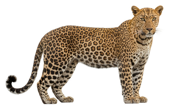 Isolated full body shot of a majestic leopard standing and looking directly at the camera