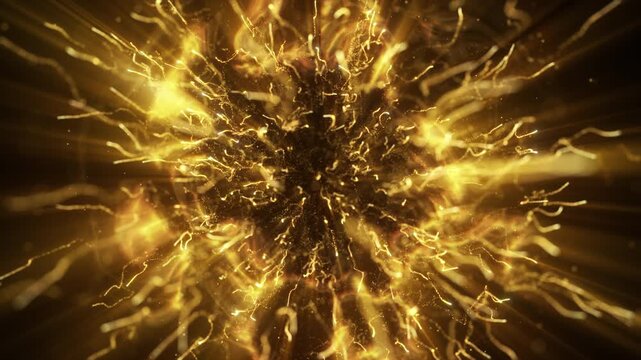 4K Golden Glitter Particle Explosion Abstract Light Burst Background Animation Video. Gold particles isolated on black. Trend effect for motion design, overlays, intros, or festive visuals.