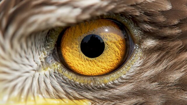 Extreme close-up macro shot of a golden eagle eye with detailed yellow iris texture, black pupil reflecting a landscape silhouette, and surrounding soft brown feathers on the head.
