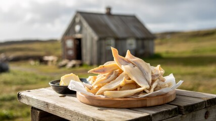 Dishes of Icelandic cuisine. Iceland's most popular dish is Harðfiskur. This is a traditional dried and dried fish. Served with salted Icelandic butter.