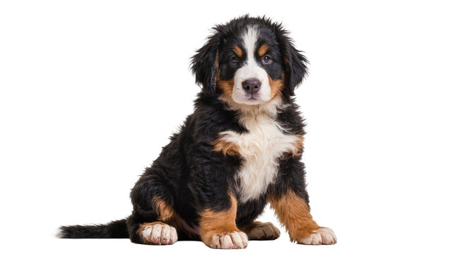 Isolated adorable Bernese Mountain Dog puppy sitting and looking at camera with lovely eyes.