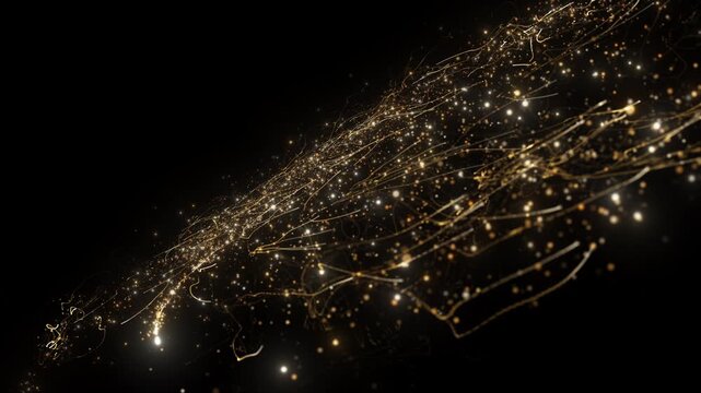 4K Golden Glitter Particle Trails Background Animation, Luxury Sparkling Light Streaks with Glowing Dust on Black for Motion Graphics, Intros and Overlays