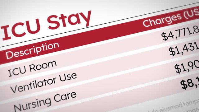 ICU stay cost breakdown chart with room, ventilator nursing care, and medical expenses, billing concept backdrop