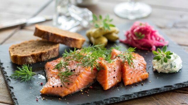 Dishes of Icelandic cuisine.
The Icelandic delicacy of red fish is Gravlax (Gravlax / Graflax). Salmon slices are decorated with dill sprigs. Next to it is a mustard-based sauce and pickled red onion.