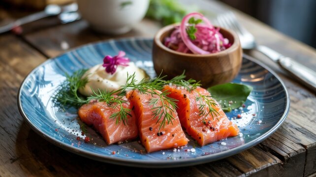Dishes of Icelandic cuisine.
The Icelandic delicacy of red fish is Gravlax (Gravlax / Graflax). Salmon slices are decorated with dill sprigs. Next to it is a mustard-based sauce and pickled red onion.