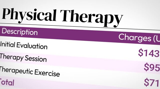 Physical therapy cost chart for initial evaluation therapy sessions and therapeutic exercises, medical bill design concept